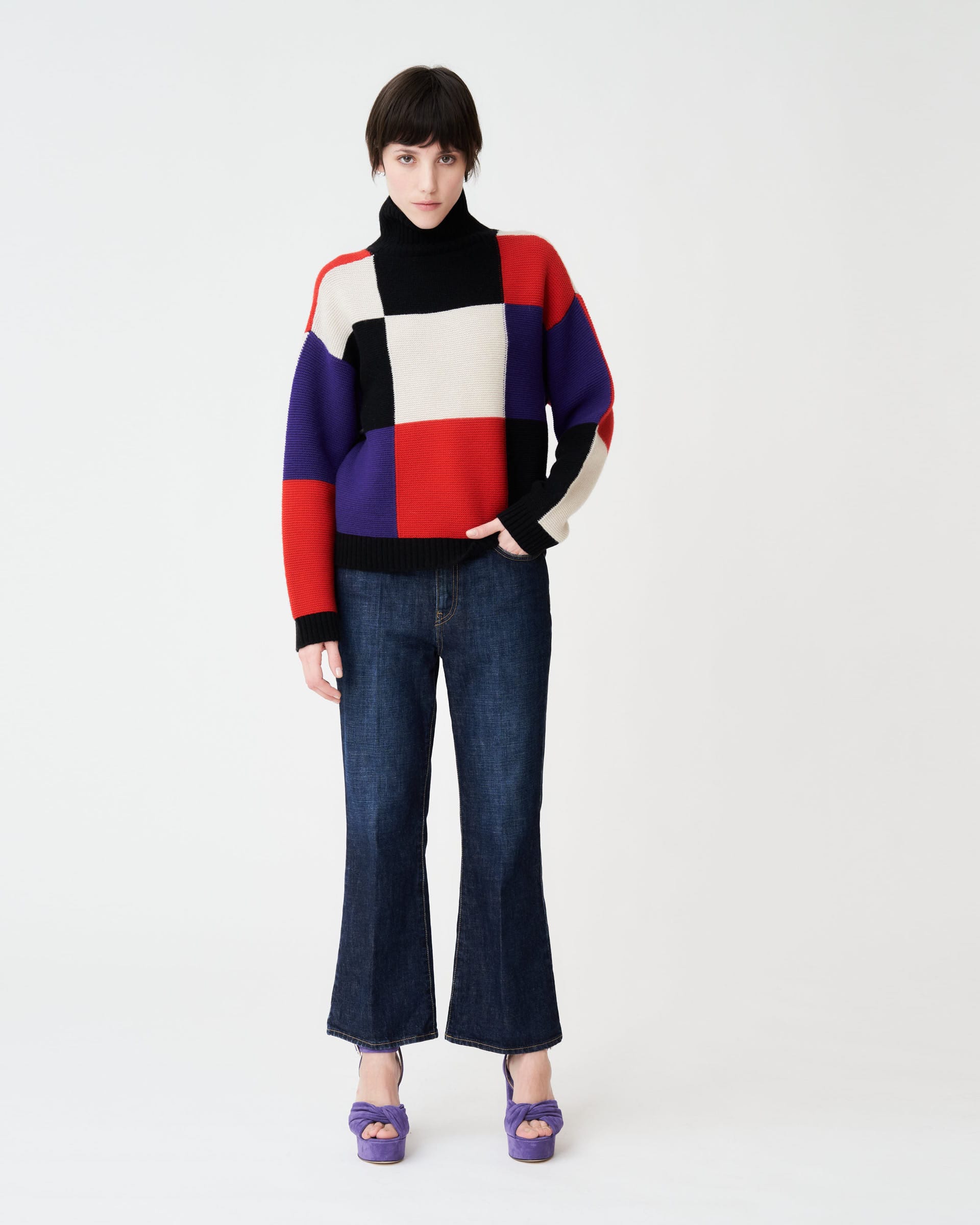 The Market Store | High Neck Sweater With Check Inlays