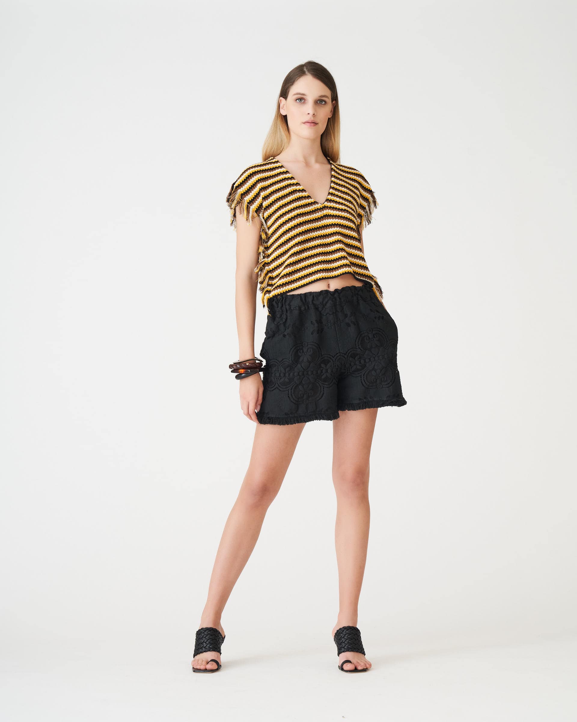 The Market Store | Striped V-neck Sweater With Fringes